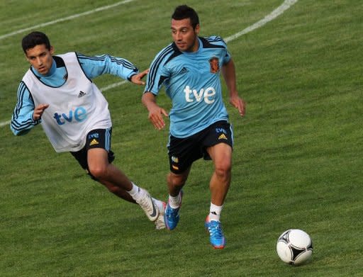 Spain national football team players Jesus Navas (L) and Santiago Cazorla during a training session on May 24. Reigning European champions Spain take on Serbia with a host of fringe players expected to get their chance to impress coach Vicente Del Bosque