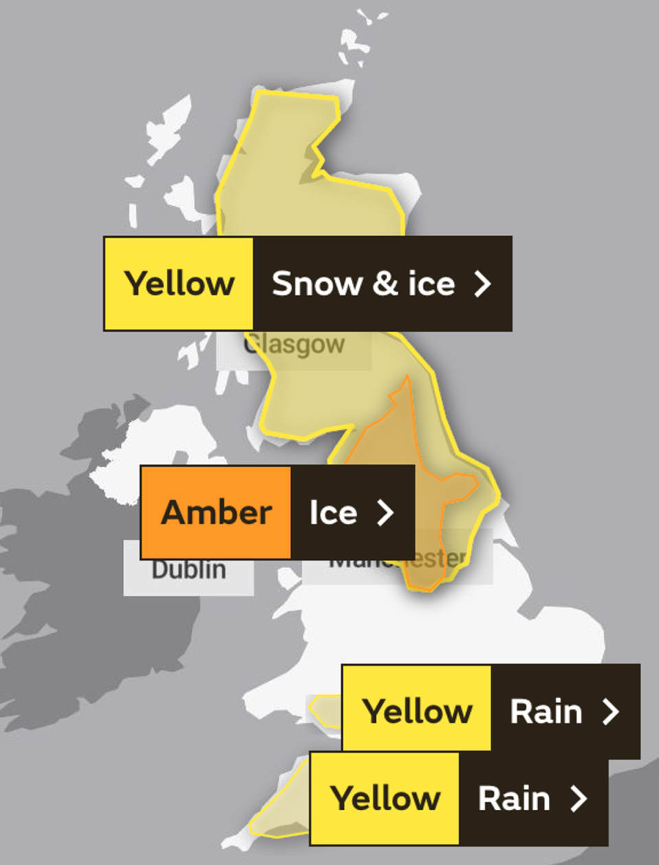 Las advertencias meteorológicas están vigentes en gran parte del Reino Unido el domingo (Met Office)