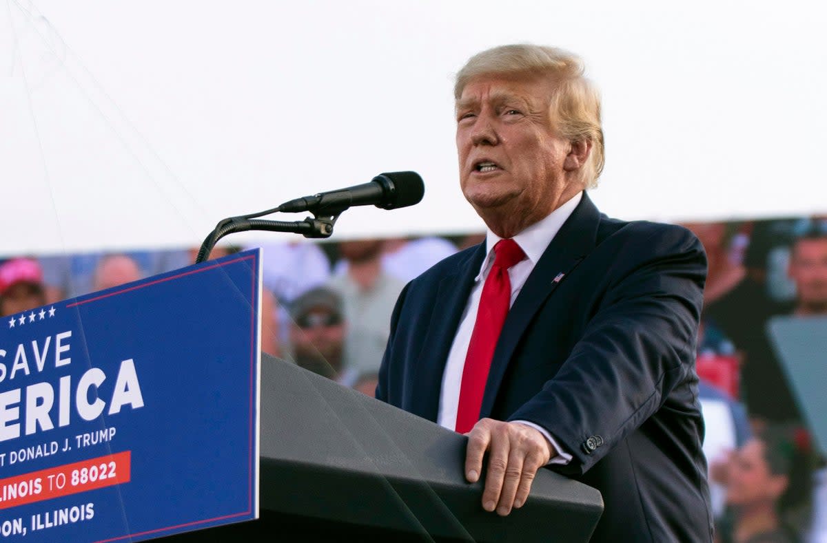 Former President Donald Trump speaks at a rally at the Adams County Fairgrounds in Mendon, Ill., Saturday, June 25, 2022. (Mike Sorensen/Quincy Herald-Whig via AP) (AP)