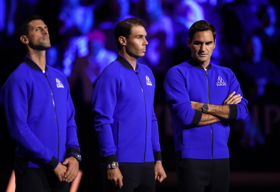 Novak Djokovic, Rafa Nadal and Roger Federer, pictured here at the Laver Cup in London.