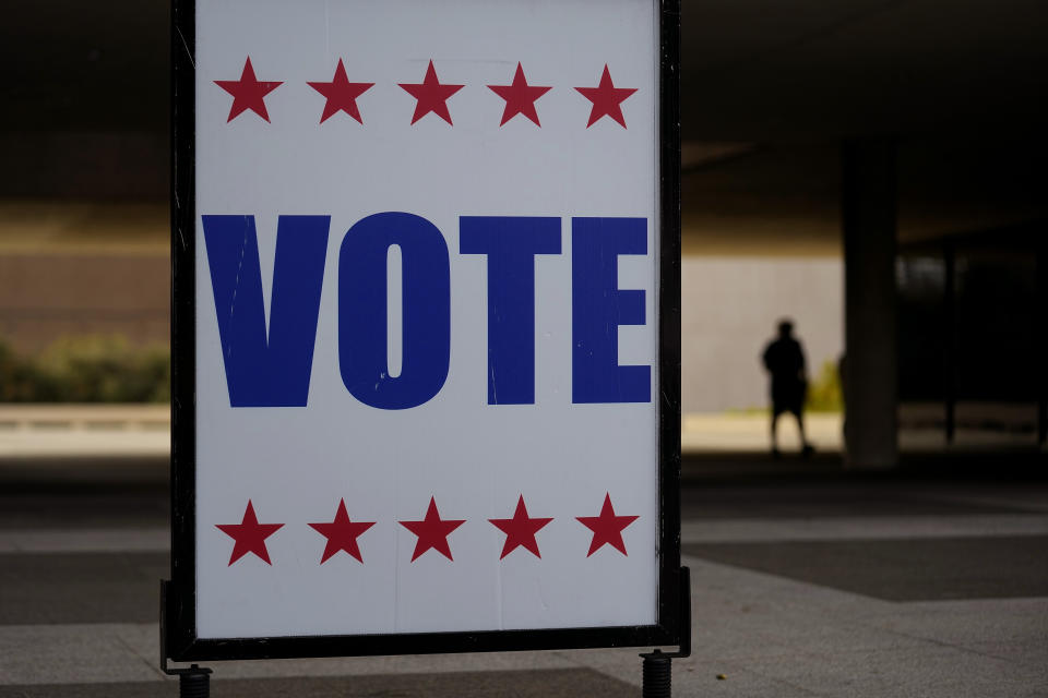 FILE - A "Vote" sign is seen on the University of Texas campus, Nov. 6, 2023, in Austin, Texas. The 2024 presidential election is drawing an unusually robust field of independent, third party and long shot candidates hoping to capitalize on Americans' ambivalence and frustration over a likely rematch between Democrat Joe Biden and Republican Donald Trump. (AP Photo/Eric Gay, File)