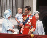 <p>The Queen Mother, the Prince of Wales, a young Prince William and Princess Margaret at Buckingham Palace, London for Trooping the Colour in June 1984. (Getty Images)</p> 