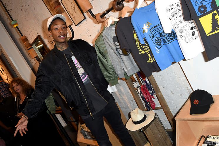 Khalifa shows off his new BASH clothing line. (Photo: Joshua Blanchard/Getty Images for Junk Food Clothing Co.)