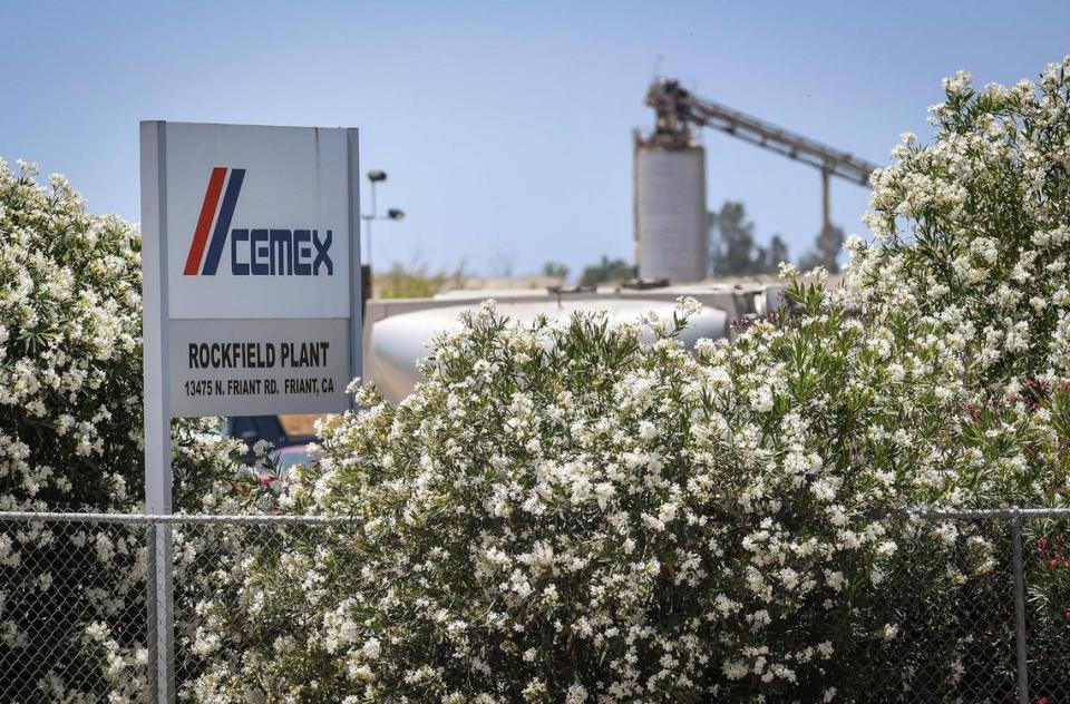 A sign for the CEMEX Rockfield aggregate plant site in Friant is visible from Friant Road on Wednesday, June 17, 2020. The company applied to Fresno County to continue mining the quarry for 100 years, and use blasting and drilling to mine a 600-ft deep pit.