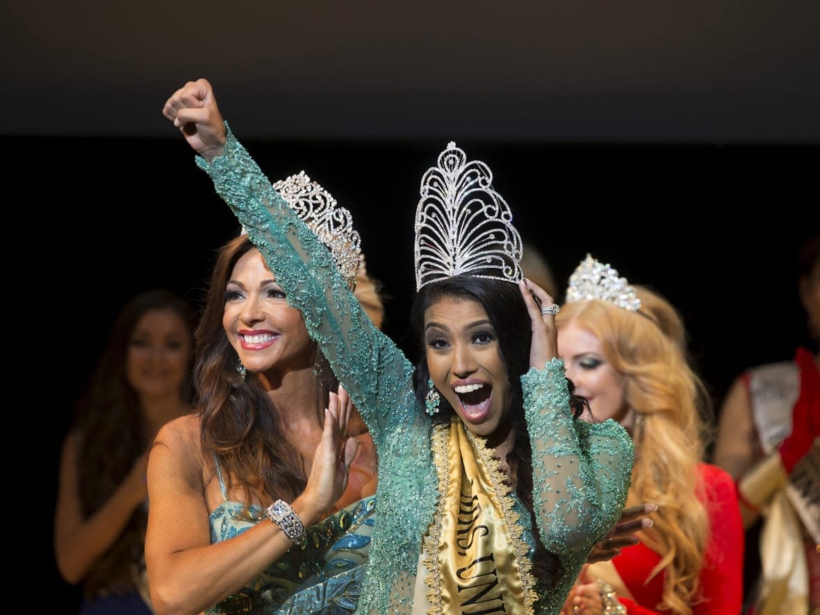 Ashley Callingbull winning the title of Mrs. Universe contest in Minsk, Belarus, in 2015. (Vasily Fedosenko/Reuters - image credit)