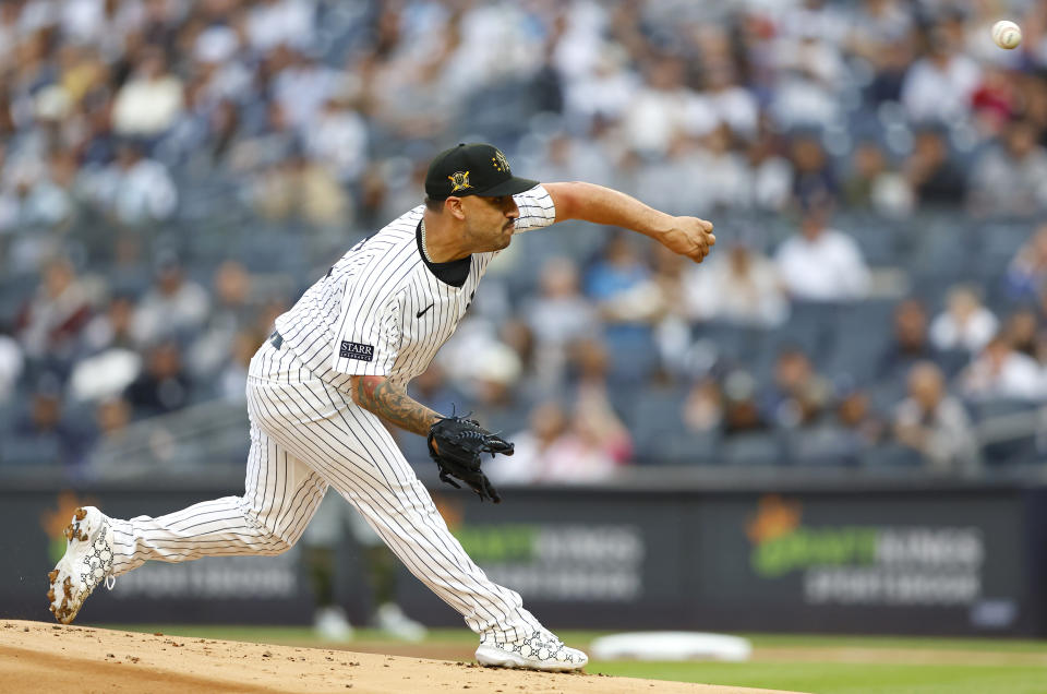 New York Yankees pitcher Nestor Cortes throws against the Chicago White Sox during the first inning of a baseball game, Friday, May 17, 2024, in New York. (AP Photo/Noah K. Murray)