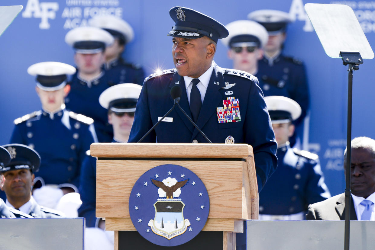 COLORADO SPRINGS, CO - MAY 25: Air Force Academy superintendent Lt. Gen. Richard Clark delivers an address to cadets during their graduation ceremony at Falcon Stadium on May 25, 2022 in Colorado Springs, Colorado. United States Secretary of Defense Lloyd Austin III gave the commencement address to the 973 graduates from the academy. (Photo by Michael Ciaglo/Getty Images)