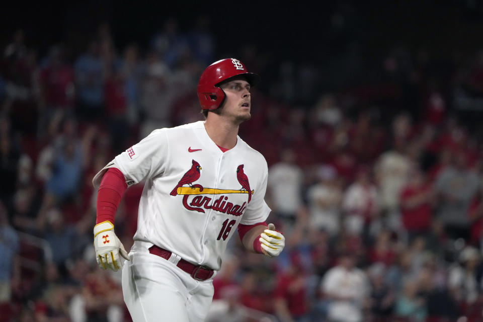 St. Louis Cardinals' Nolan Gorman watches his three-run home run during the eighth inning of a baseball game against the Milwaukee Brewers Monday, May 15, 2023, in St. Louis. (AP Photo/Jeff Roberson)