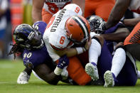 Baltimore Ravens linebacker Pernell McPhee (90) sacks Cleveland Browns quarterback Baker Mayfield (6) during the first half of an NFL football game Sunday, Sept. 29, 2019, in Baltimore. (AP Photo/Gail Burton)