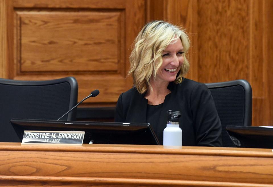 Outgoing city councilor Christine Erickson gives farewell remarks at her final city council meeting on Tuesday, May 10, 2022, at Carnegie Town Hall.