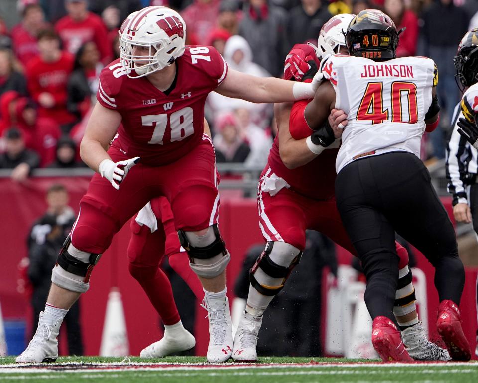 Wisconsin offensive lineman Trey Wedig (78) is shown during the third quarter of their game Saturday, November 5, 2022 at Camp Randall Stadium in Madison, Wis. Wisconsin beat Maryland 23-10.