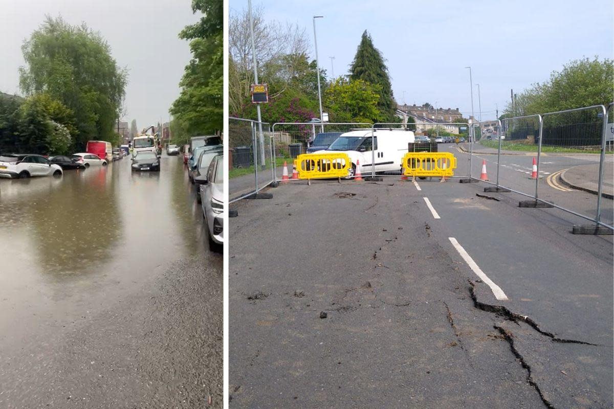 Low Lane, in Horsforth was covered in floodwater and has left behind a fractured road <i>(Image: Left Picture: Hits Radio. Right Picture: Telegraph & Argus)</i>