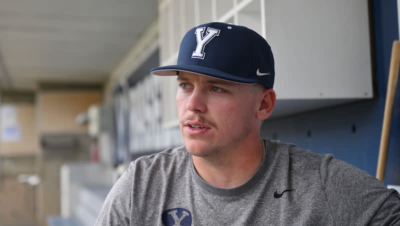 BYU catcher Collin Reuter does an interview at Larry H. Miller Field in Provo on Wednesday, April 17, 2024.