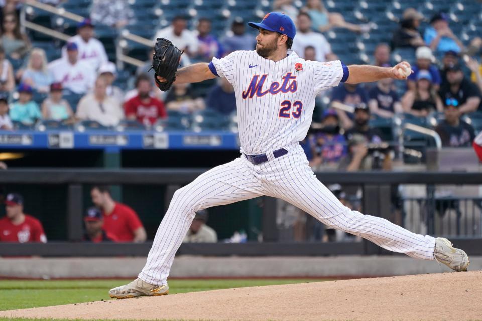 New York Mets pitcher David Peterson delivers against the Washington Nationals during the first inning of a baseball game, Monday, May 30, 2022, in New York.