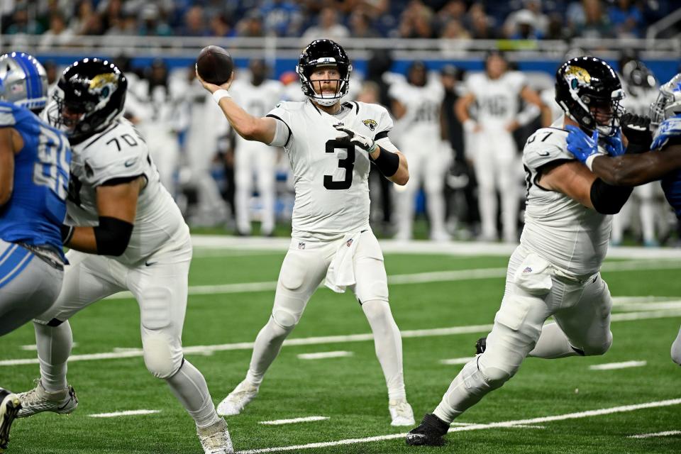 Aug 19, 2023; Detroit, Michigan, USA; Jacksonville Jaguars quarterback C.J. Beathard (3) throws a pass against the Detroit Lions in the second quarter at Ford Field. Mandatory Credit: Lon Horwedel-USA TODAY Sports
