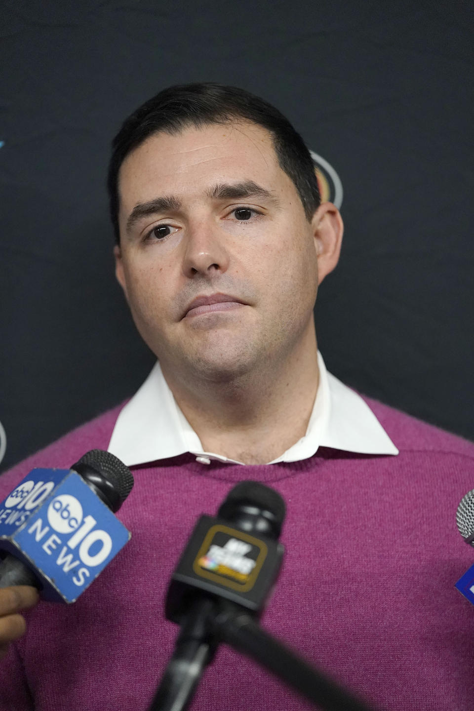 San Francisco 49ers owner Jed York speaks to reporters after a practice at the team's NFL football training facility in Santa Clara, Calif., Friday, Jan. 24, 2020. The 49ers will face the Kansas City Chiefs in Super Bowl 54. (AP Photo/Tony Avelar)