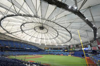 Tropicana Field is seen before a baseball game between the Tampa Bay Rays and the Detroit Tigers Wednesday, April 24, 2024, in St. Petersburg, Fla. The future of the Tampa Bay Rays should come into clear focus in the coming weeks as the St. Petersburg City Council begins discussions about the $1.3 billion ballpark that would open for the 2028 baseball season. The stadium is the linchpin of a much larger project that would transform the downtown with affordable housing, a Black history museum, office and retail space. (AP Photo/Chris O'Meara)