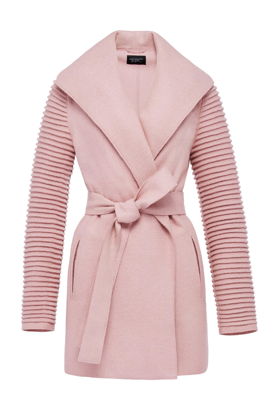 wrap coat with ribbed sleeves