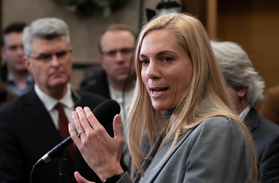 Canadian Heritage Minister Pascale St-Onge speaks with reporters in the Foyer of the House of Commons, Wednesday, November 29, 2023 in Ottawa.