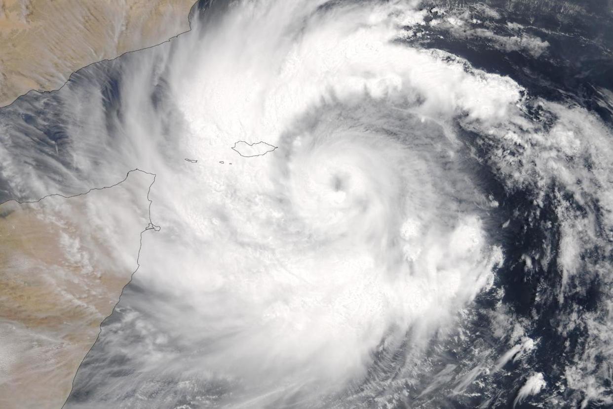 A satellite image from NASA shows Cyclone Mekunu over the Yemeni island of Socotra: AP