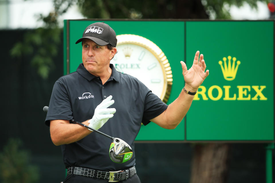 MEDINAH, ILLINOIS - AUGUST 18: Phil Mickelson of the United States prepares to play from the tenth tee during the final round of the BMW Championship at Medinah Country Club No. 3 on August 18, 2019 in Medinah, Illinois. (Photo by Andrew Redington/Getty Images)