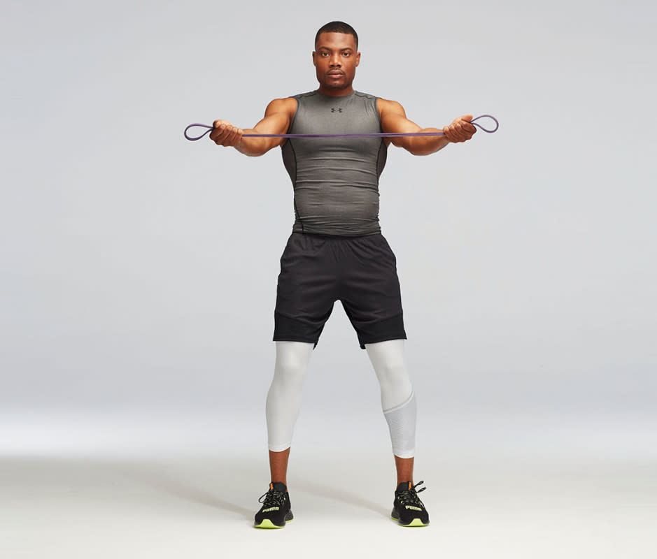 How to Do It<ol><li>Stand, arms outstretched and parallel to floor, holding a light to medium resistance band, palms up, to start. </li><li>Engage chest and squeeze together shoulder blades to pulse band outward for one second, then release. </li><li>That's 1 rep. Do 3 x 12 to 15 reps.</li></ol>