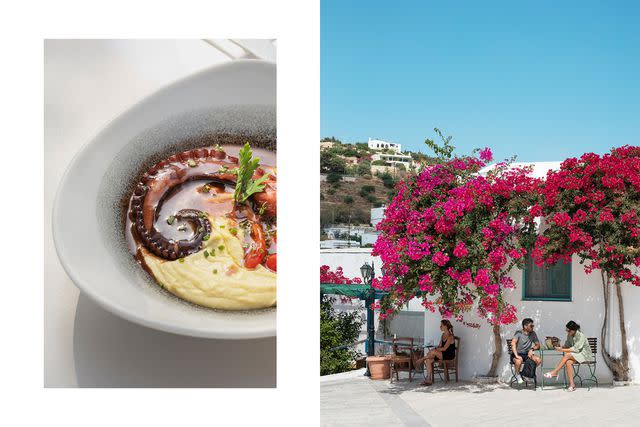 <p>Margarita Nikitaki</p> From left: Octopus with fava mash at Siparos Seaside Restaurant, in Naousa; bougainvillea in bloom in the town of Lefkes, on Páros.