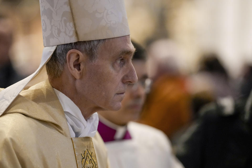 Secretary of former Pope Benedict XVI, Archbishop Georg Gaenswein holds a mass to mark a one year anniversary of the death of Pope Benedict, in St. Peter's Basilica, the Vatican, Sunday, Dec. 31, 2023. Gaenswein has been the former private secretary to Pope Benedict XVI for many years until his death on Dec. 31, 2022. (AP Photo/Andrew Medichini)