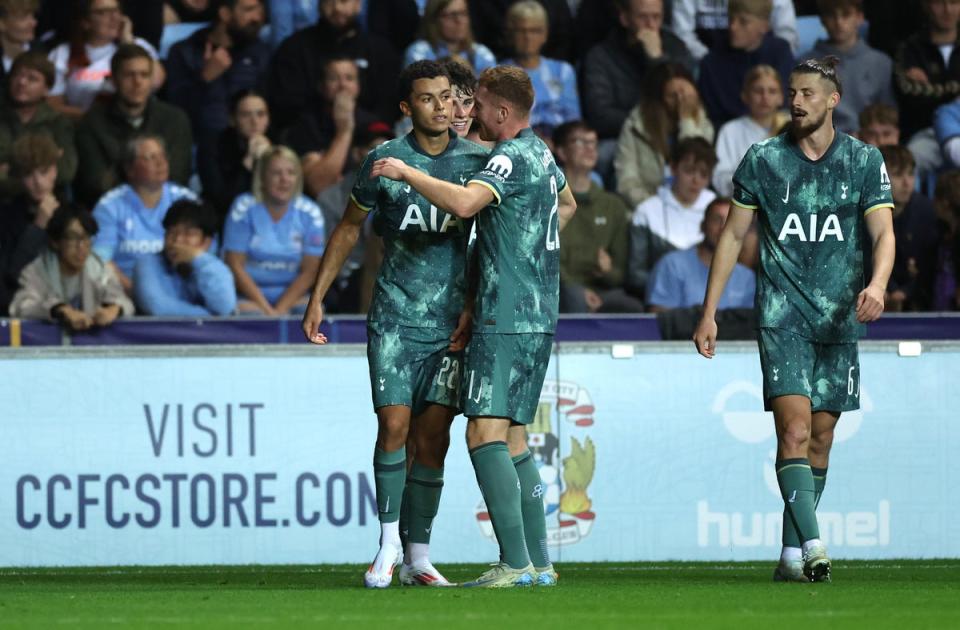 Last-gasp winner: Brennan Johnson sealed Tottenham’s progress in the Carabao Cup (Getty Images)