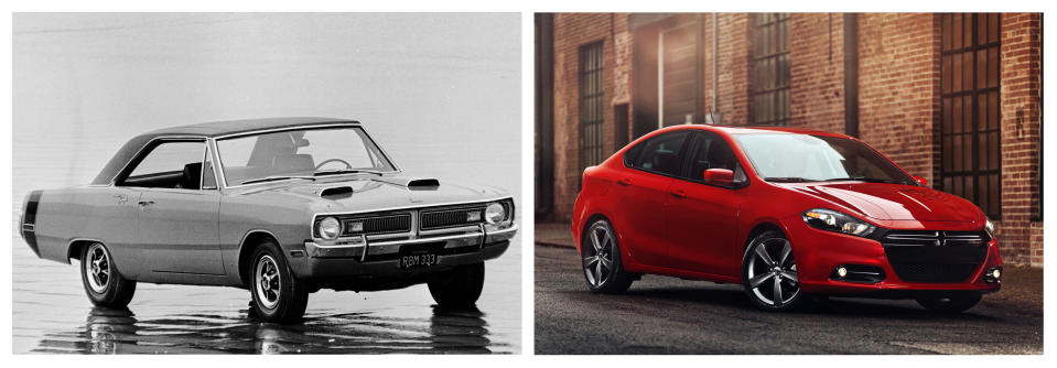 FILE-This combination of undated file photos provided by Chrysler Group and Dodge Brand Media show a 1970 Dodge Dart Swinger, left, and a 2013 Dodge Dart, right. Middle-class Americans bought nearly 3.3 million Dodge Darts between 1960 and 1976. After a 36-year hiatus, Chrysler is counting on the new, reinvented Dart, which debuted at the Detroit auto showin January 2012, to continue its recent revival. (AP Photo/File)