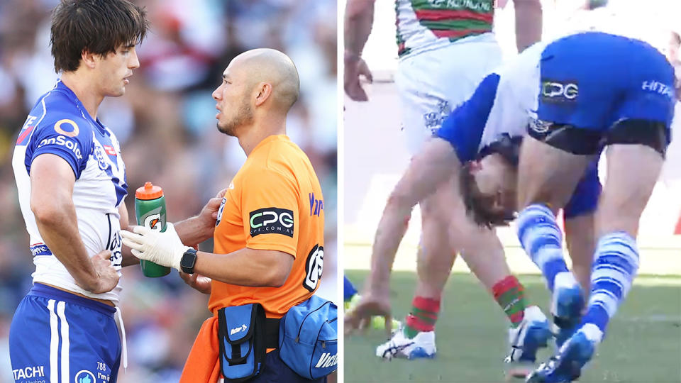 Rugby League fans were shocked after an obviously concussed Lachlan Lewis was allowed to stay on the field for Canterbury after a brutal head knock against South Sydney. Pictures: Getty Images/Fox League