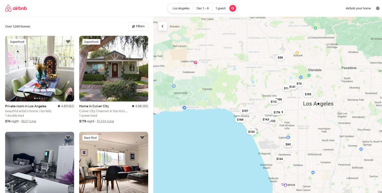 Screenshot of Airbnb listings in Los Angeles