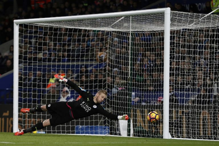Leicester City's goalkeeper Kasper Schmeichel makes a save on February 27, 2017