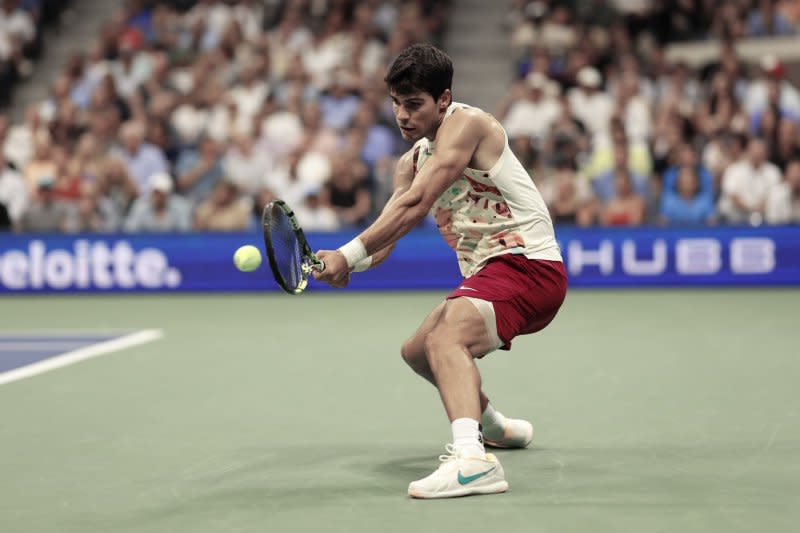 Carlos Alcaraz (pictured) of Spain will battle No. 12 Grigor Dmitrov of Bulgaria in a 2024 Miami Open men's singles quarterfinal Thursday in Miami Gardens, Fla. File Photo by John Angelillo/UPI