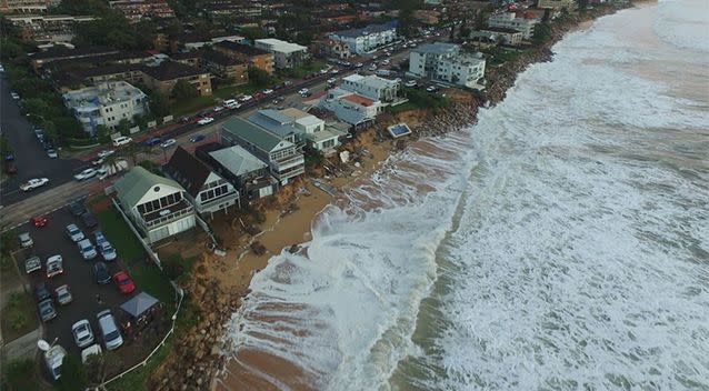 Media and bystanders gather in a lookout point to observe the carnage left by the wild storm. Photo: UNSW Water Research Laboratory