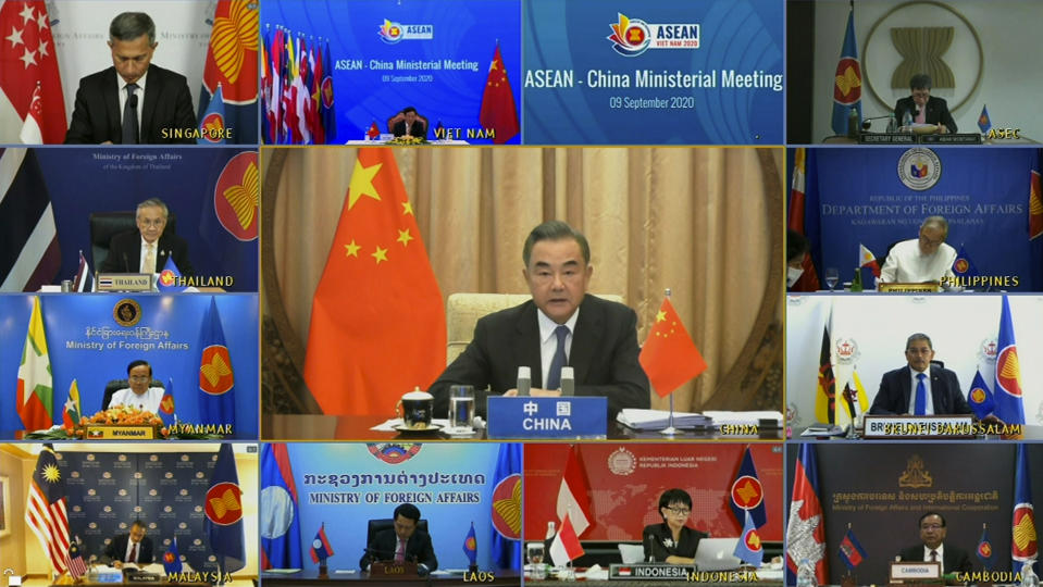 In this image taken from video provided by VTV, Chinese Foreign Minister Wang Yi speaks during an online meeting with ASEAN foreign ministers on Wednesday, Sept. 9, 2020. Southeast Asia’s top diplomats held their annual talks by video Wednesday to discuss the immense crisis wrought by the coronavirus pandemic and rising tensions in the South China Sea amid the escalating rivalry between Washington and Beijing. (VTV via AP)