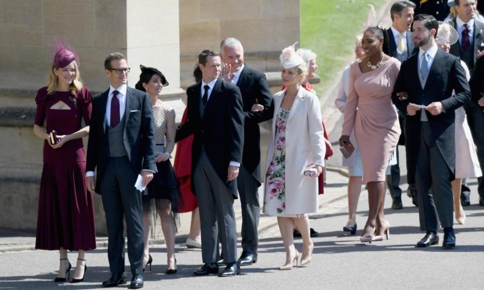 Actor Jacinda Barrett (L) and her husband the Suits star Gabriel Macht, arrive with other guests including Serena Williams (2nd R) and her husband Alexis Ohanian.