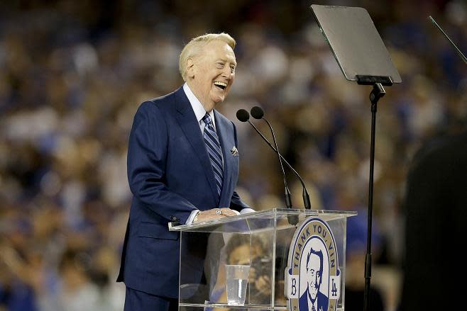 Hall of Fame Los Angeles Dodgers broadcaster Vin Scully speaks before Friday's game against the Colorado Rockies. (AP)