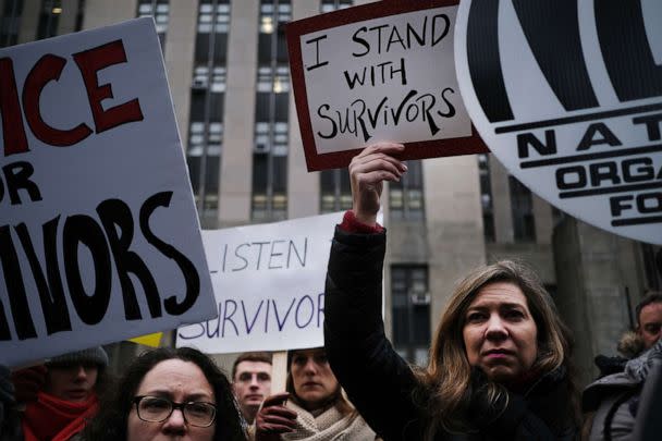 PHOTO: In this Jan. 6, 2020, file photo, protesters gather as Harvey Weinstein arrives at a Manhattan court house for the start of his trial in New York. (Spencer Platt/Getty Images, FILE)