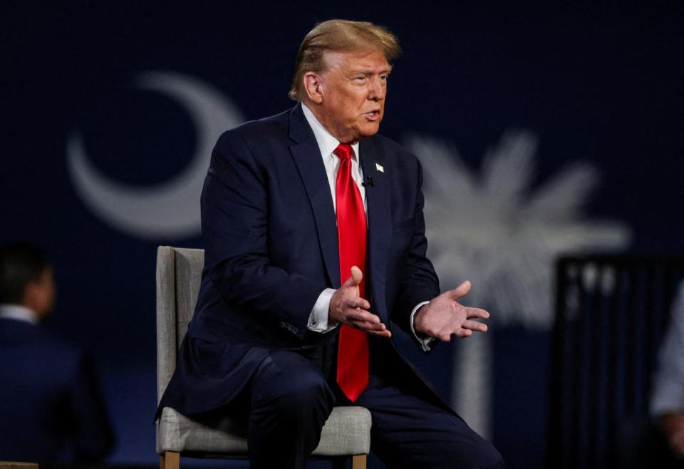 Former US President and Republican presidential candidate Donald Trump participates in a Fox News town hall with Laura Ingraham in Greenville, South Carolina (REUTERS)