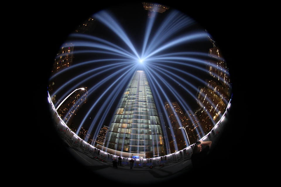 <p>The Tribute in Light rises above the New York City skyline on Sept. 11, 2017, the 16th anniversary of the 2001 terrorist attacks. (Gordon Donovan/Yahoo News) </p>