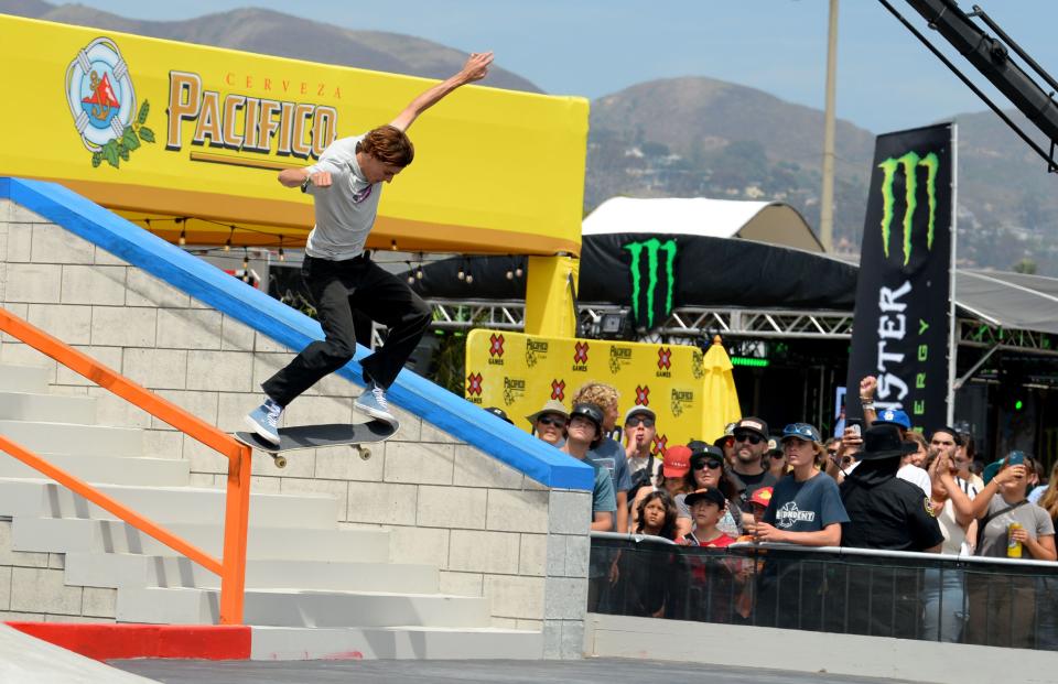 Ventura native Curren Caples, 27, competes in the Men’s Skateboard Street Elimination at the X Games competition at the Ventura County Fairgrounds on July 21.