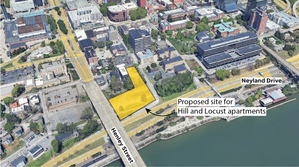 The proposed site for Hill & Locust apartments could be challenging to build on thanks to unique riverside topography and a steep slope between Neyland Drive and downtown Knoxville.