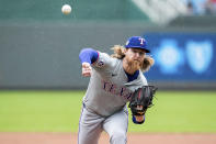 Texas Rangers' pitcher Jon Gray throws during the first inning of a baseball game against the Texas Rangers, Sunday, May 5, 2024, in Kansas City, Mo. (AP Photo/Nick Tre. Smith)