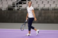 Jessica Pegula, of the United States, smiles during practice at the WTA Finals tennis tournament in Fort Worth, Texas, Saturday, Oct. 29, 2022. (AP Photo/Ron Jenkins)