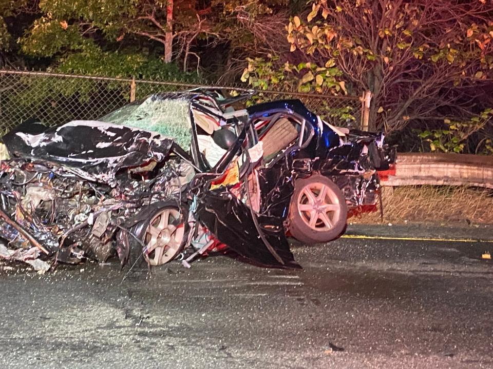 State police say a man died early Wednesday after his car was struck by two other vehicles, one of which was traveling the wrong way, on Interstate 495 in Hopkinton.