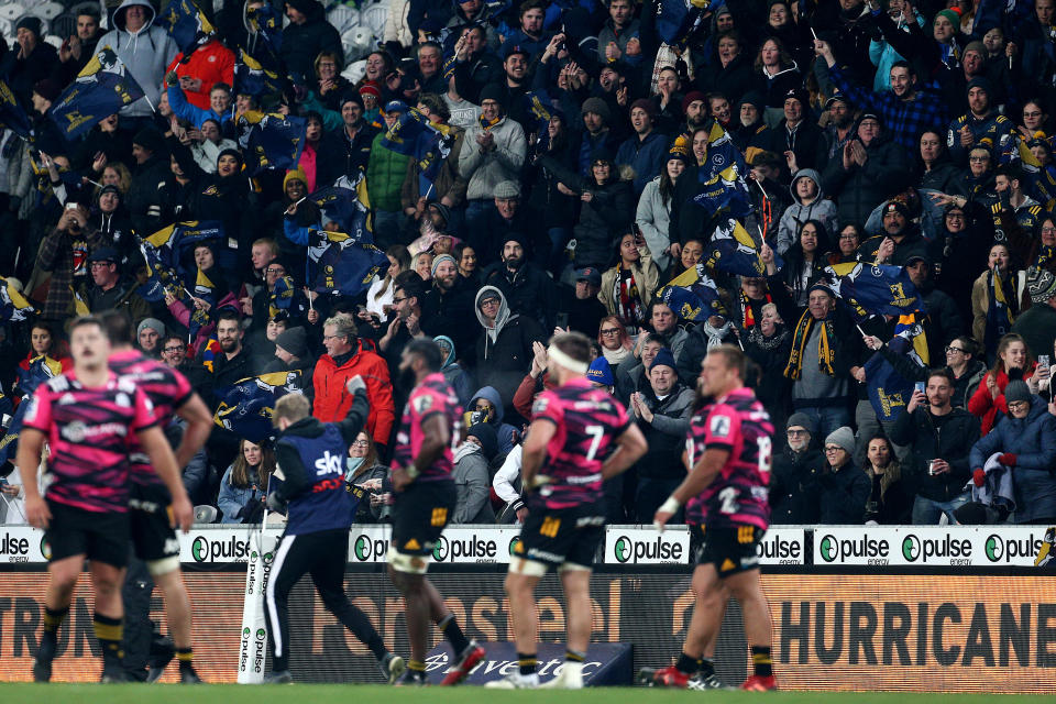 DUNEDIN, NEW ZEALAND - JUNE 13: Highlanders supporters watch during the Super Rugby match between the Highlanders and Chiefs on June 13, 2020 in Dunedin, New Zealand. (Photo by Dianne Manson/Getty Images)