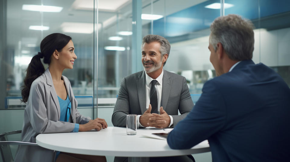 A health care professional consulting with patients in a state-of-the-art facility.