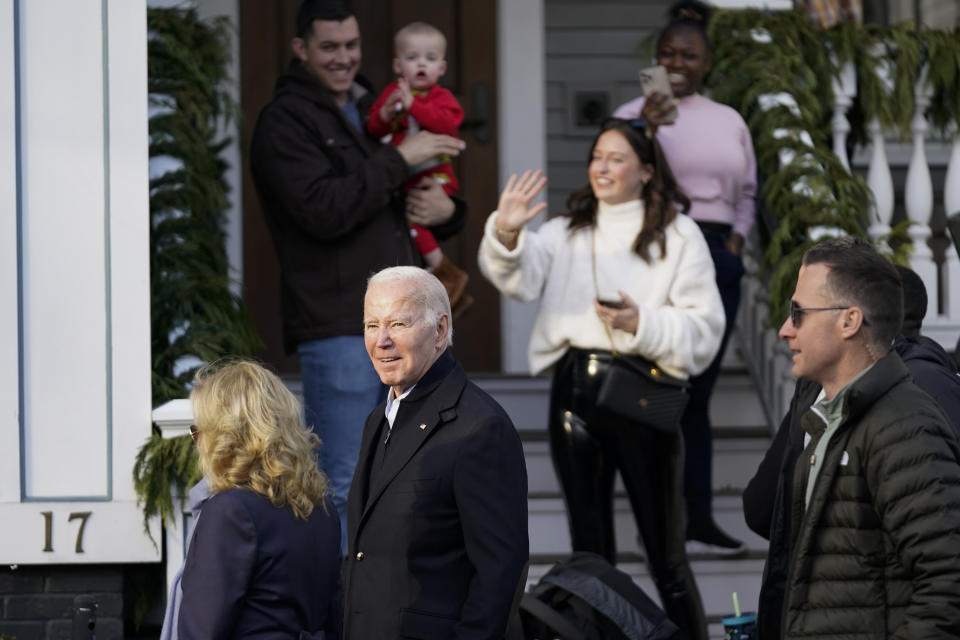 President Joe Biden and first lady Jill Biden walk as they visit shops in Nantucket, Mass., Friday, Nov. 24, 2023. (AP Photo/Stephanie Scarbrough)