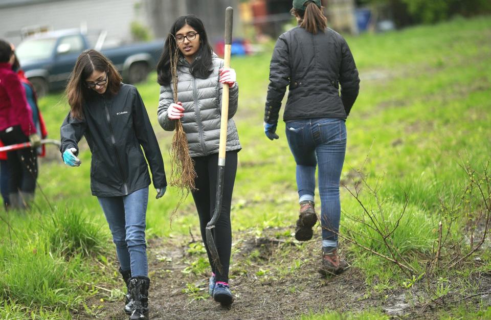 Evelyn Chamberlain, 13, and Sweta Jha, 12, volunteer during a clean-up effort at a site near Eakin Road in Columbus, Ohio on April 20, 2019. The site was cleared of over 1.5 tons of trash last year but the trees that were planted were destroyed by ATV traffic. Volunteers from The Sierra Club came to clean up what trash has returned since their last visit and plant an additional 200 trees on the lot. [Brooke LaValley/Dispatch]